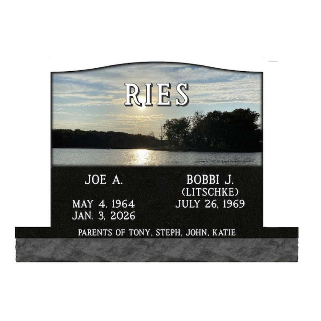 Color laser engraved upright companion monument featuring a colorful sunset on a lake.