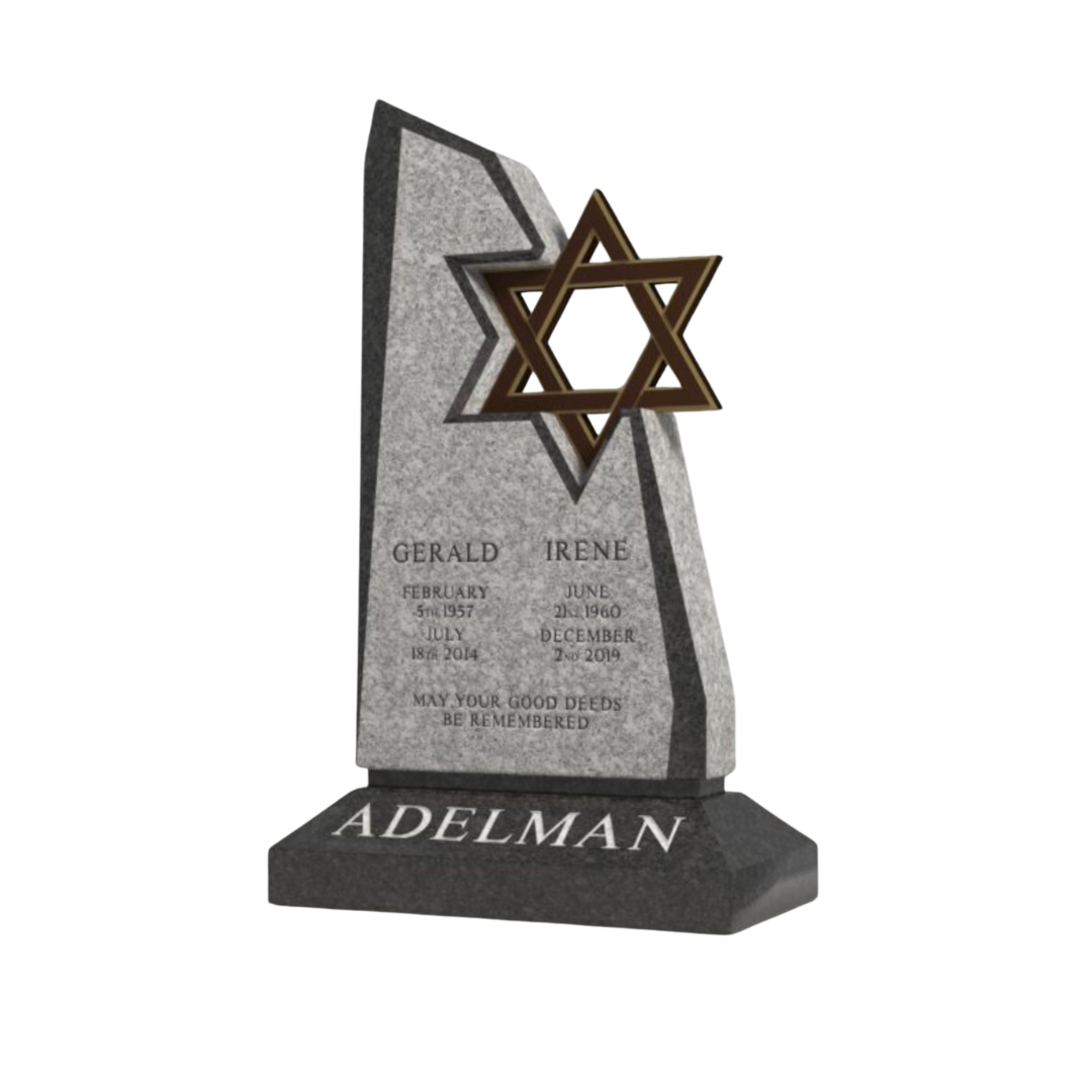 Jewish companion monument shaped like a rough triangle, featuring the Star of David in bronze.