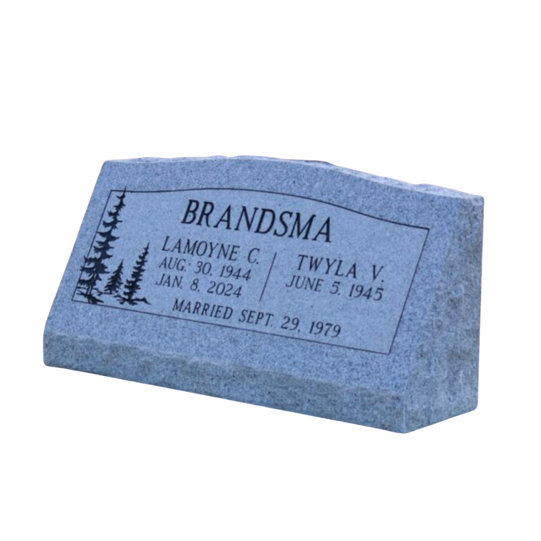 Slant companion marker featuring pine trees.