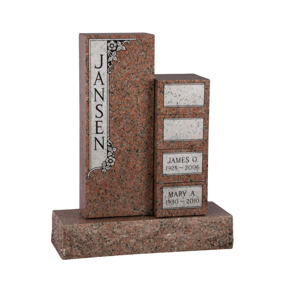 Upright monument engraved with the family name and three spaces