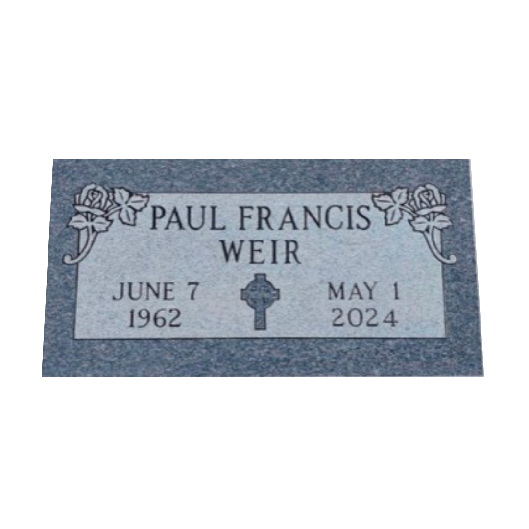 Flat, grey granite marker with roses engraved in the upper corners.