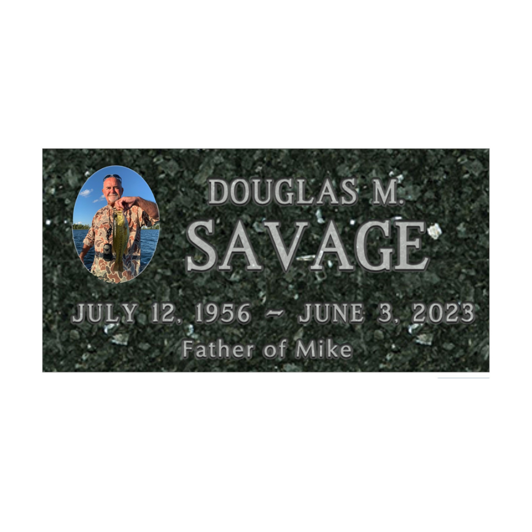 Flat green granite marker with ceramic photo.