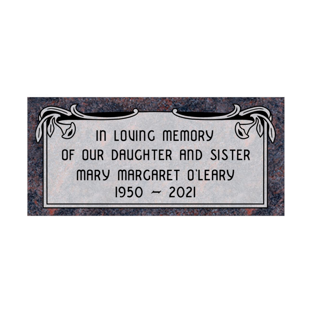 Flat, grey granite marker with roses engraved in the upper corners.