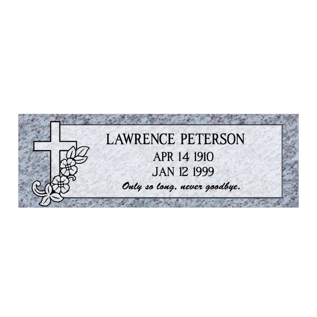Flat grey marker with a cross and flowers engraved on the left.