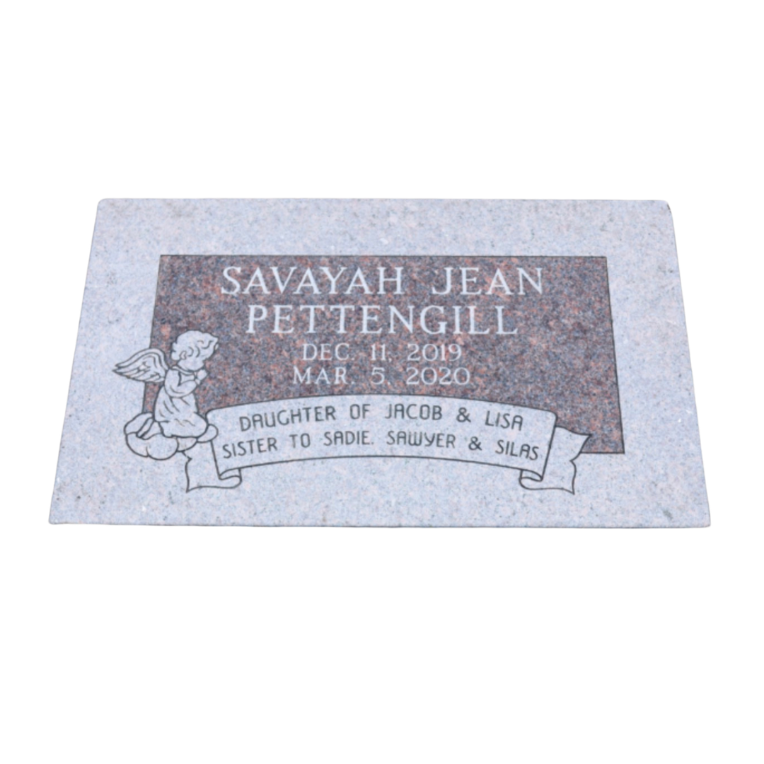 Flat marker for a child with the image of a kneeling angel.