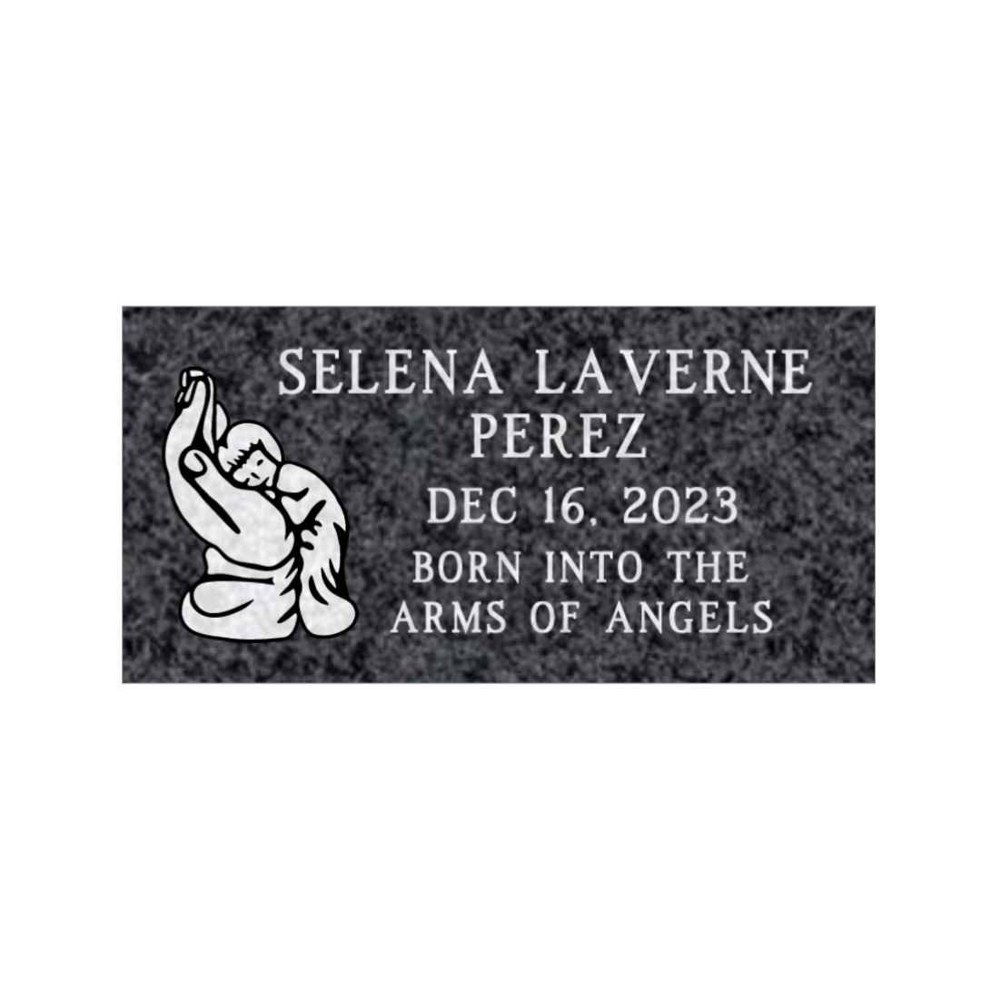 Flat, dark grey marker for a child, engraved with a child in the hands of God.