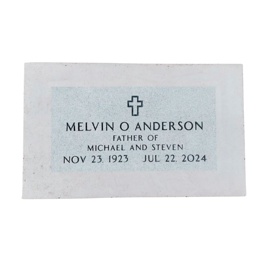 Flat, light grey military marker.