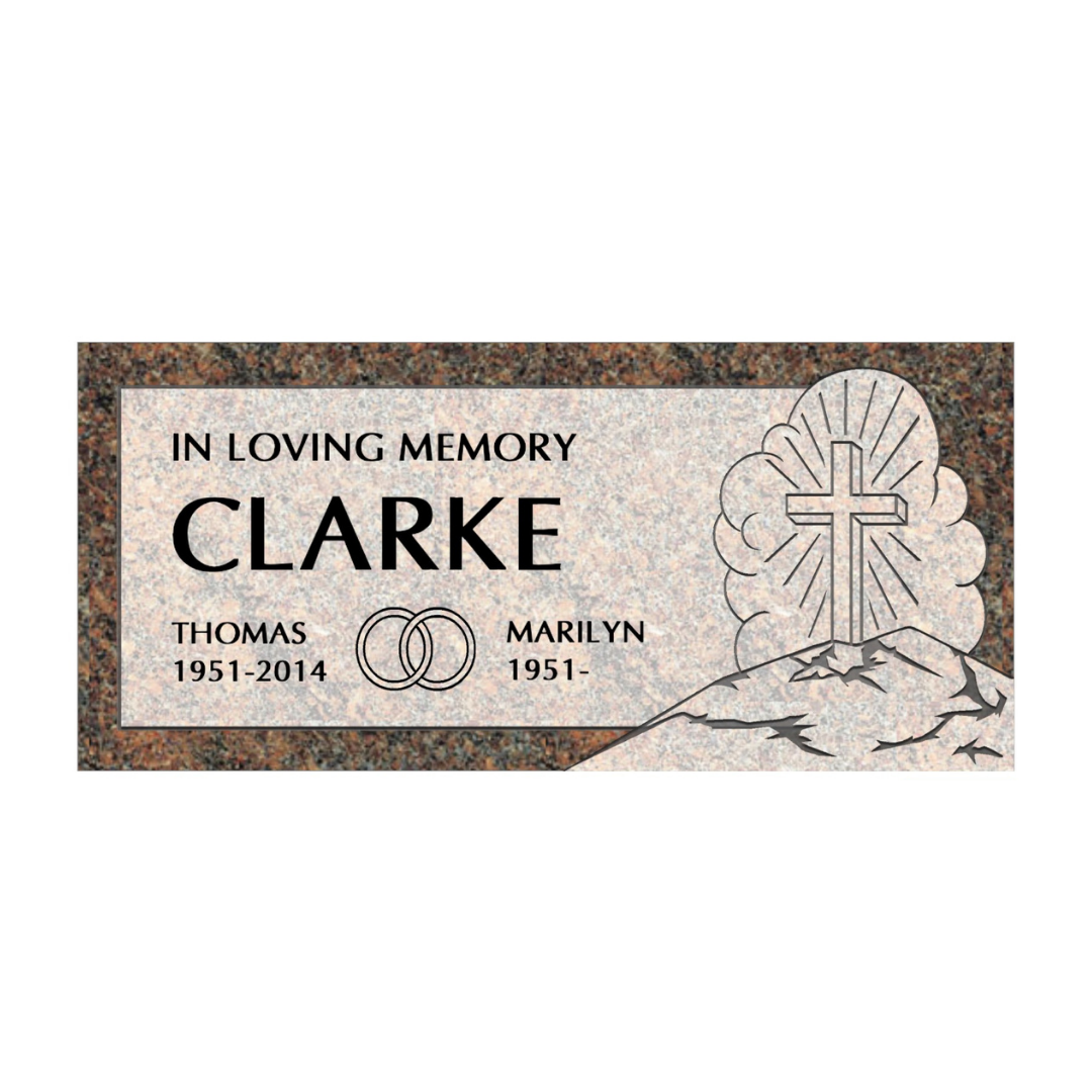 Flat, brown companion marker with engraved cross, clouds, and mountain.