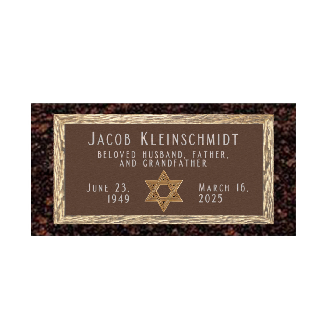 Flat bronze marker for a Jewish gentleman, featuring the Star of David.