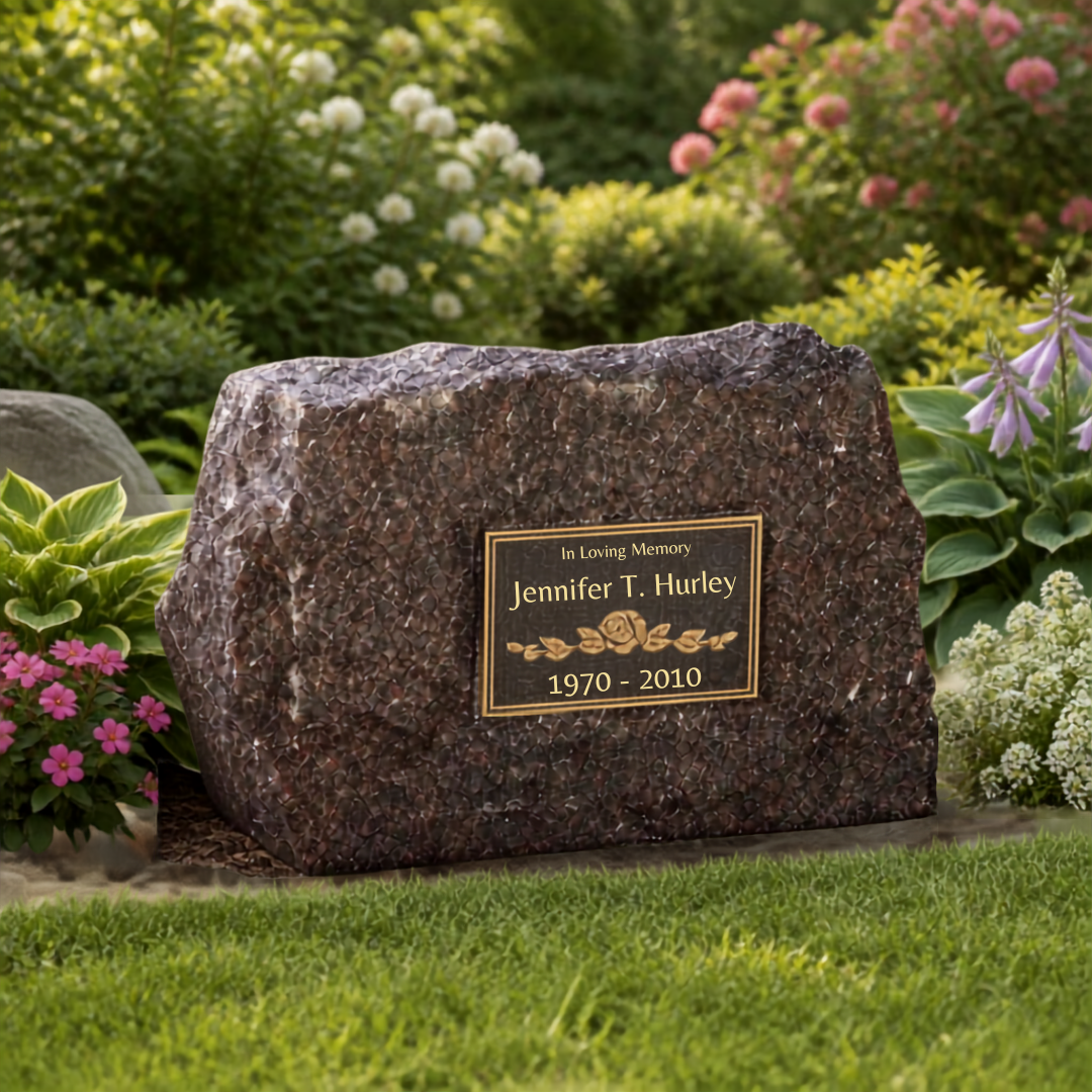 Flat bronze marker affixed to a large stone.