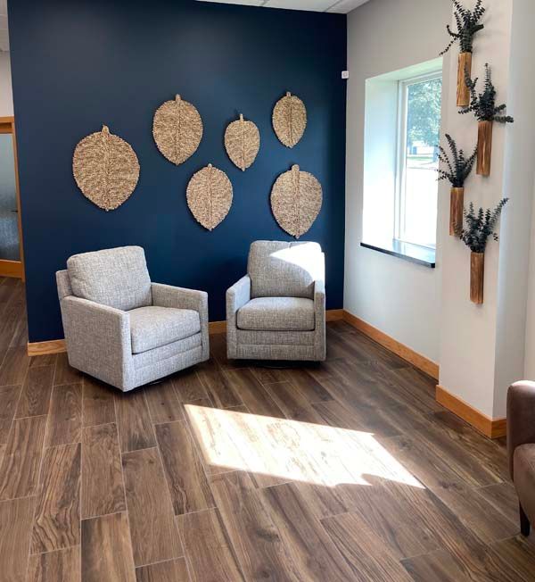 A seating area inside the office.