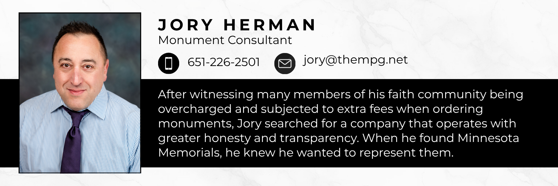Contact information for Jory Herman, our Consultant for Jewish Monuments. Call him at 651-226-2501.
