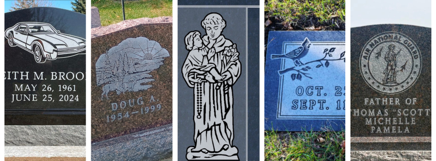 Five headstones, each with a different symbol, that gives insight into the person who died