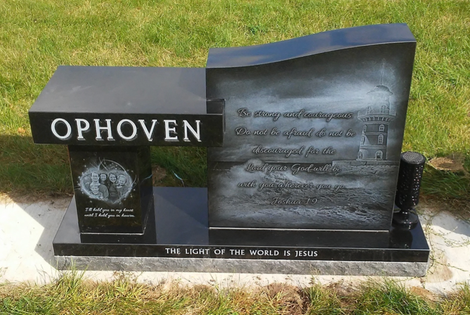 Granite bench memorial engraved with the name Ophoven. It's a beautiful place for family and friends to sit and reflect.