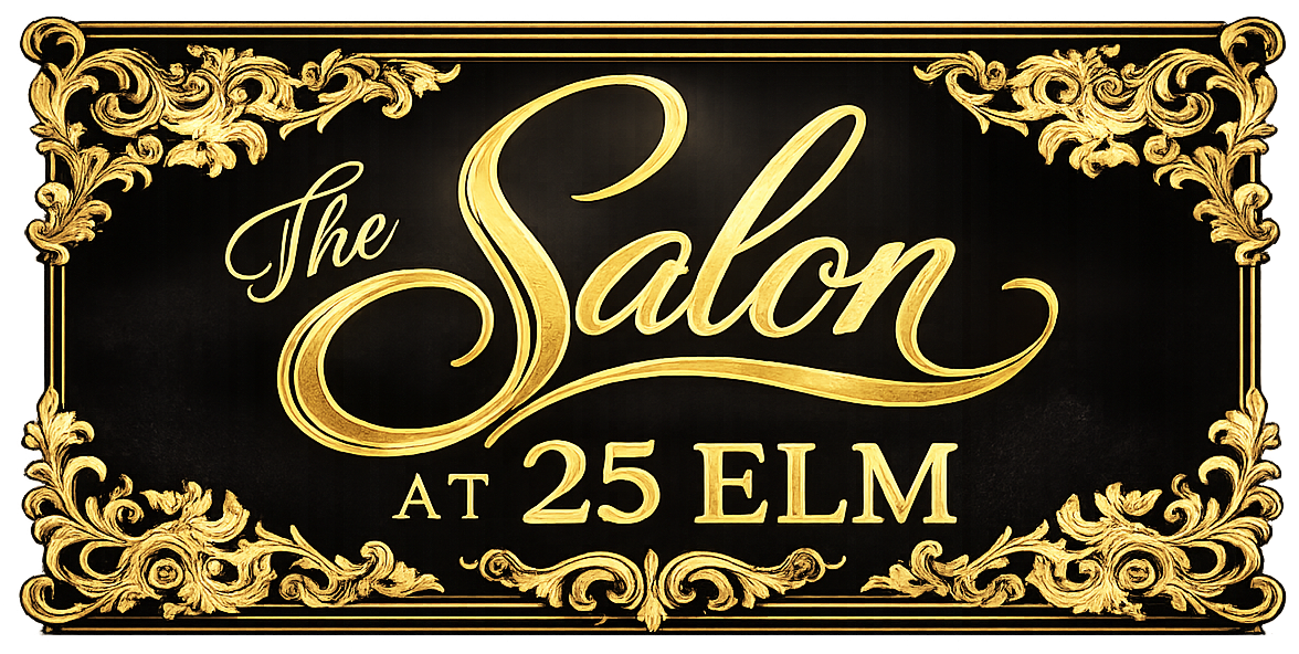 Gold ornate salon sign reading “The Salon at 25 Elm” on a black background