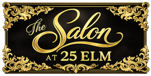 Gold ornate salon sign reading &ldquo;The Salon at 25 Elm&rdquo; on a black background