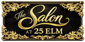 Gold ornate salon sign reading &ldquo;The Salon at 25 Elm&rdquo; on a black background