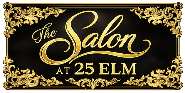 Gold ornate salon sign reading &ldquo;The Salon at 25 Elm&rdquo; on a black background