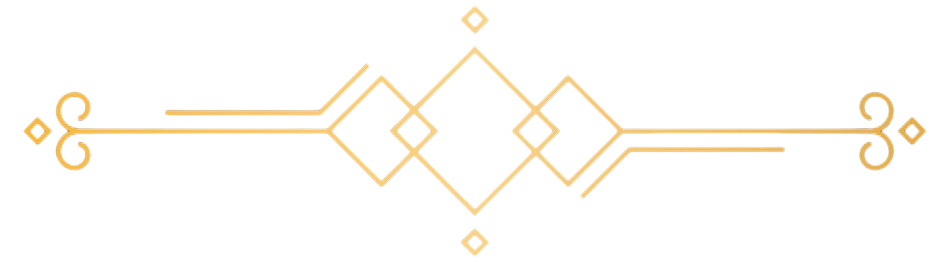 Gold ornamental divider with diamond shapes and curled ends on a white background