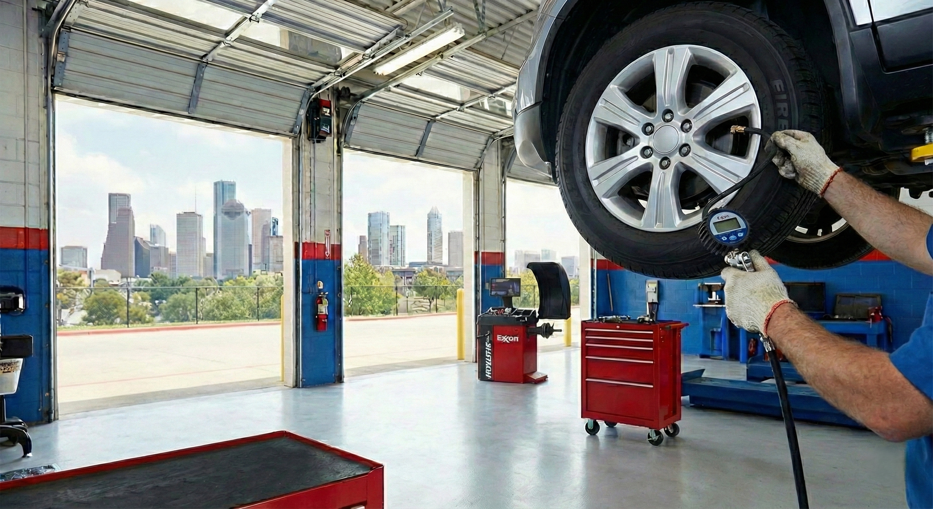 Mechanic inflating tire in auto shop, city skyline in background.