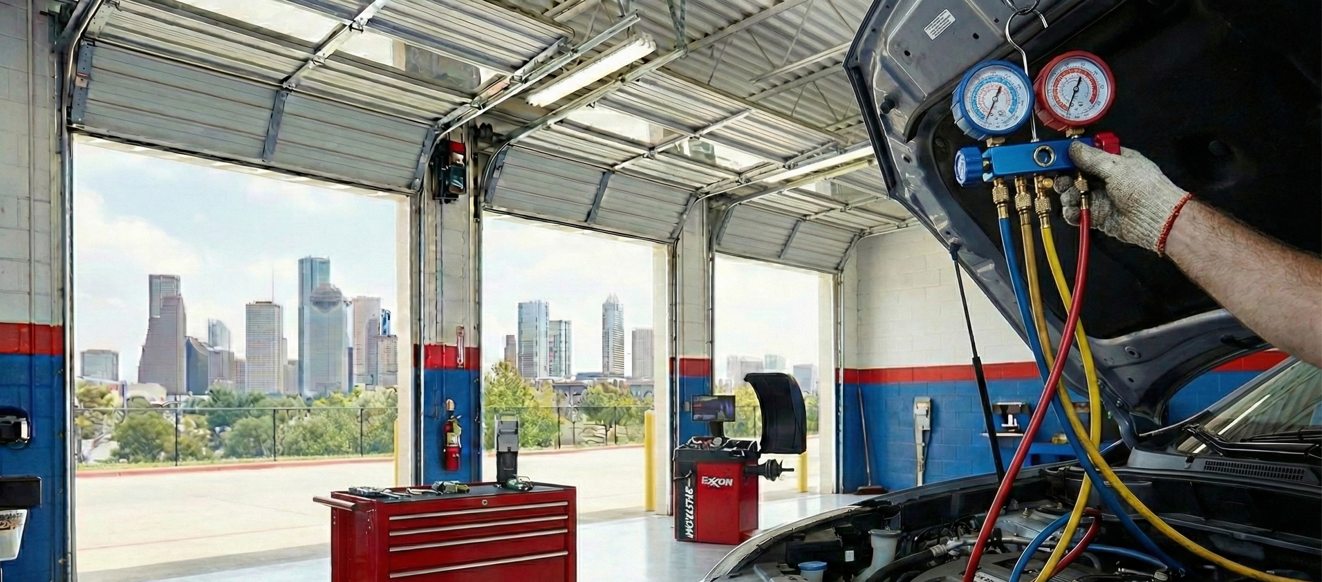 A mechanic working on a car’s AC system in a garage with a city skyline visible through open bay doors.