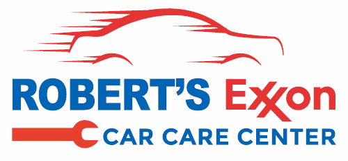 Logo for Robert's Exxon Car Care Center: Blue and red text with a red speeding car graphic and a wrench.