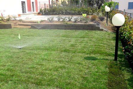 Un irrigatore spruzza acqua su un prato verde rigoglioso.