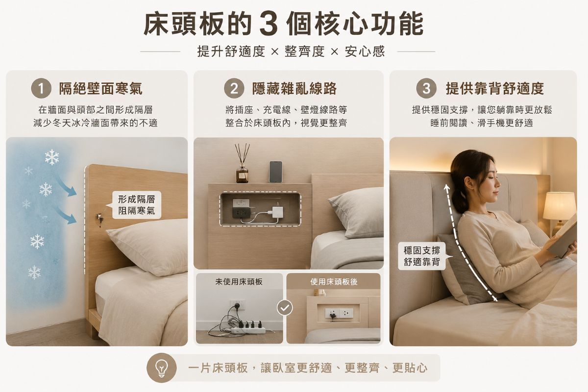 床頭板保護牆面隱藏插座線路與提供靠背功能