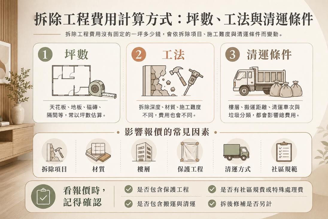 拆除工程費用沒有固定的一坪多少錢,主要會依照拆除項目、施工難度與清運條件而變動。
