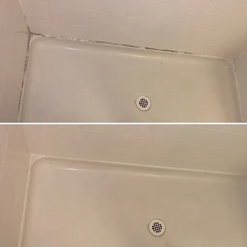 A two-part image showing a shower basin before and after cleaning, with dark stains removed from the corner joints.