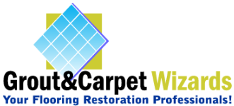 Logo for Grout & Carpet Wizards featuring a blue tiled square over a yellow square with the company name and tagline.