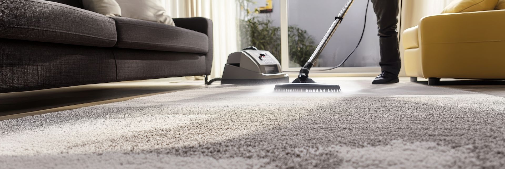 Three blue industrial fans dry a beige carpet in a living room near a fireplace.