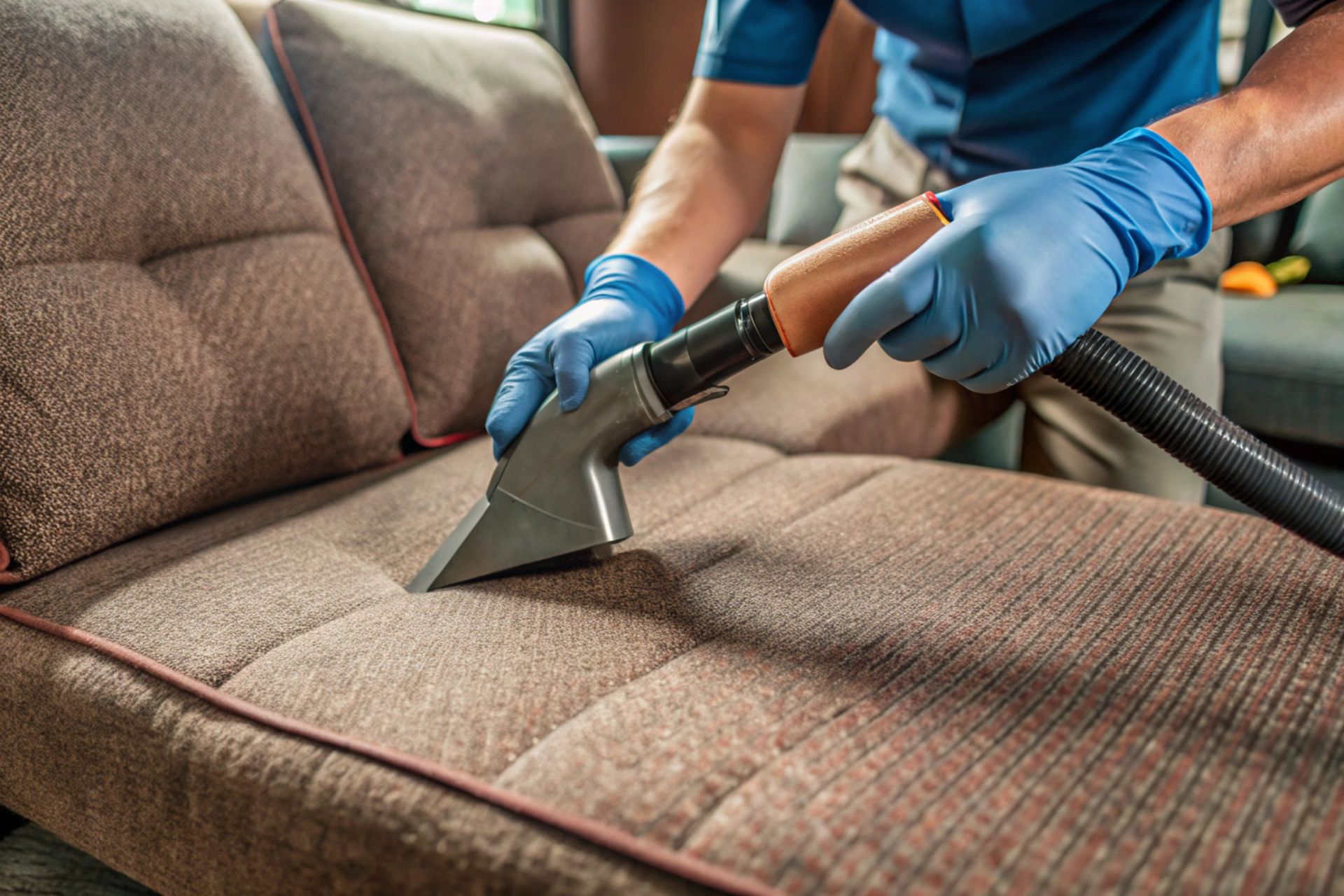 Three blue industrial fans dry a beige carpet in a living room near a fireplace.