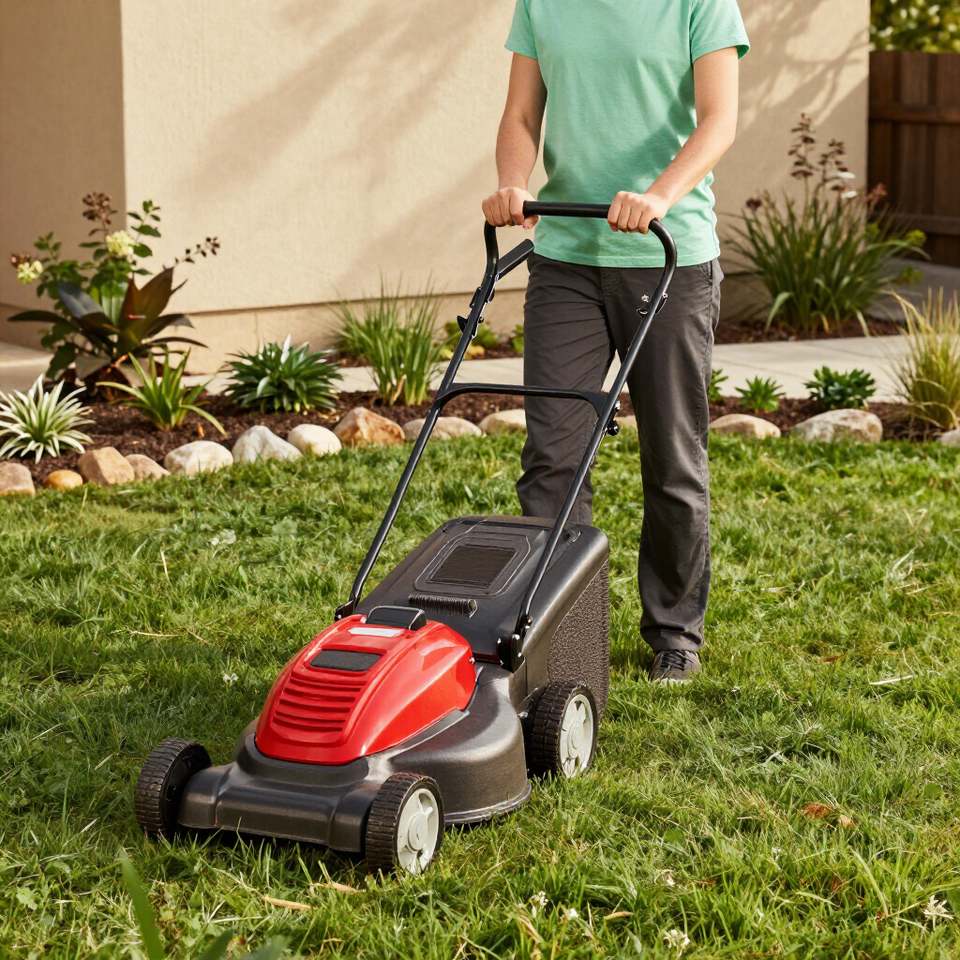 Person mowing a lawn with a red push mower in a landscaped yard