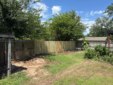 Backyard with wooden fence, grassy lawn, trees, and a small shed under a sunny blue sky