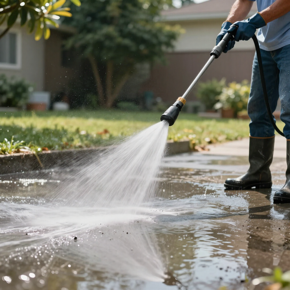 Person pressure-washing a wet driveway beside a lawn and garden outdoors