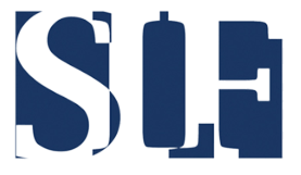 A blue and white logo for s.l.e.