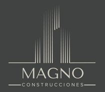 Logotipo de MAGNO Construcciones en blanco sobre fondo gris oscuro con líneas de edificios estilizadas.