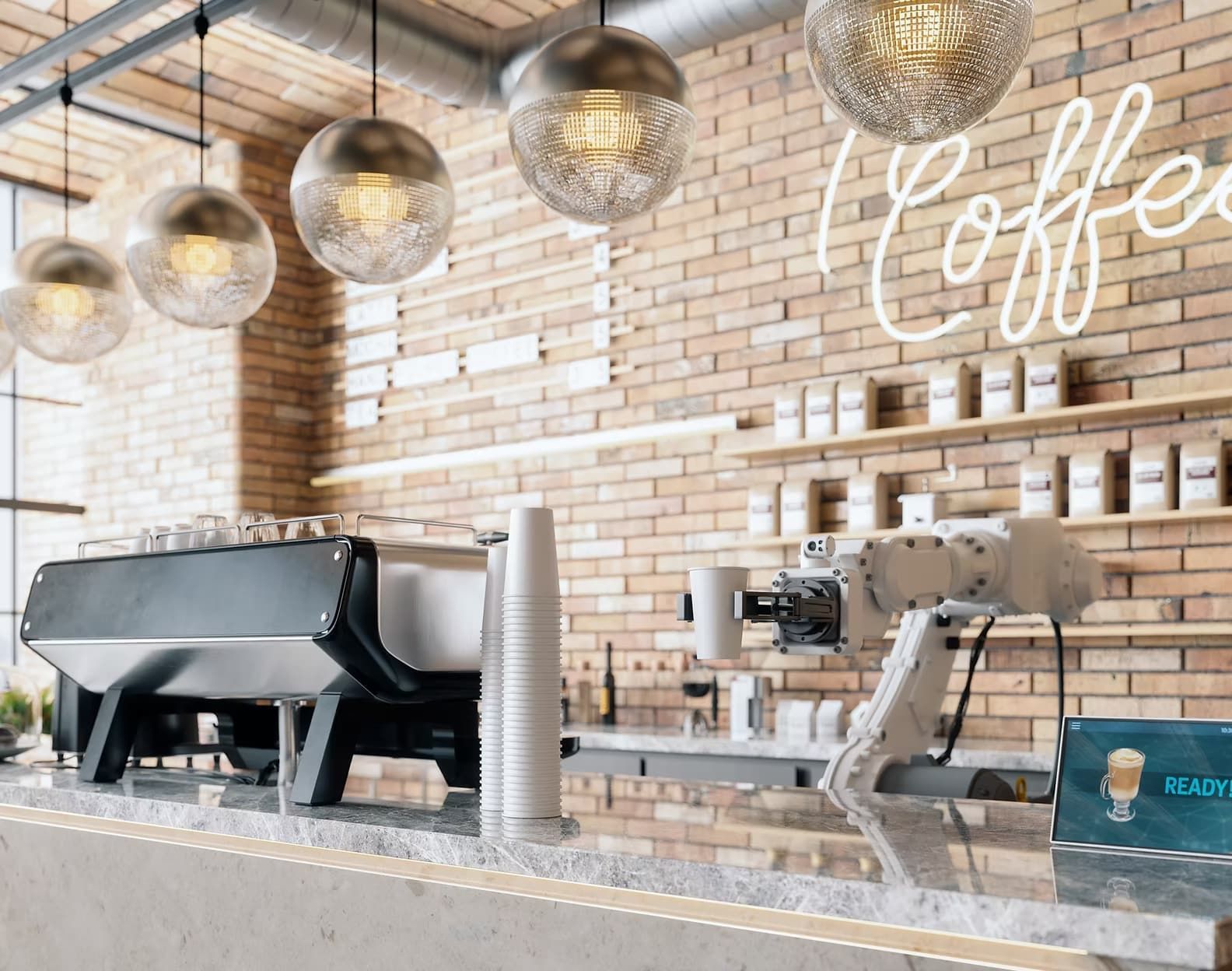 A Coffee Shop With a Robotic Coffee Maker and a Brick Wall — Pollock Ingram Solicitors in Caloundra, QLD