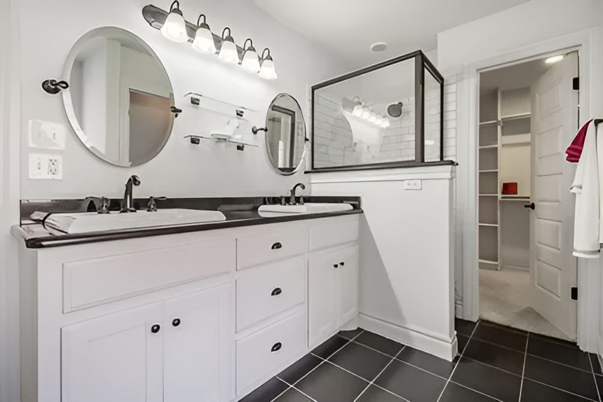 A Bathroom With Two Sinks, Two Mirrors, and a Walk in Closet — Moore Than Just Kitchens In Manilla, NSW