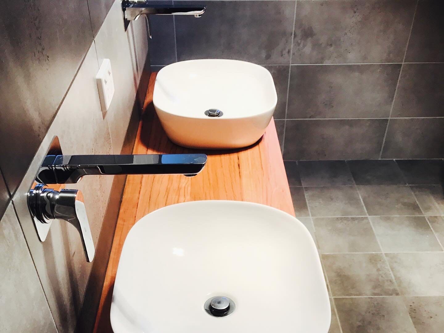 Two White Sinks on a Wooden Counter in a Bathroom — Moore Than Just Kitchens In Manilla, NSW