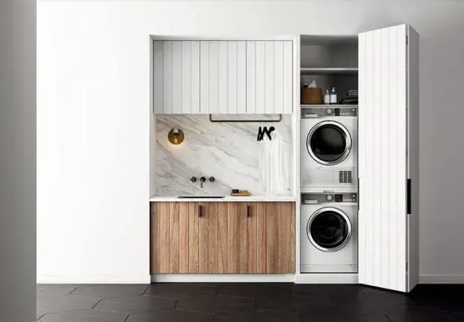 A Laundry Room With a Washer and Dryer Stacked on Top — Moore Than Just Kitchens In Narrabri, NSW