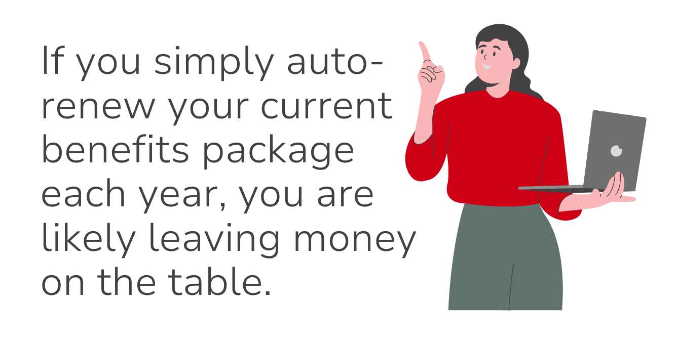 Woman pointing up, holding laptop. Text states auto-renewing benefits can waste money.