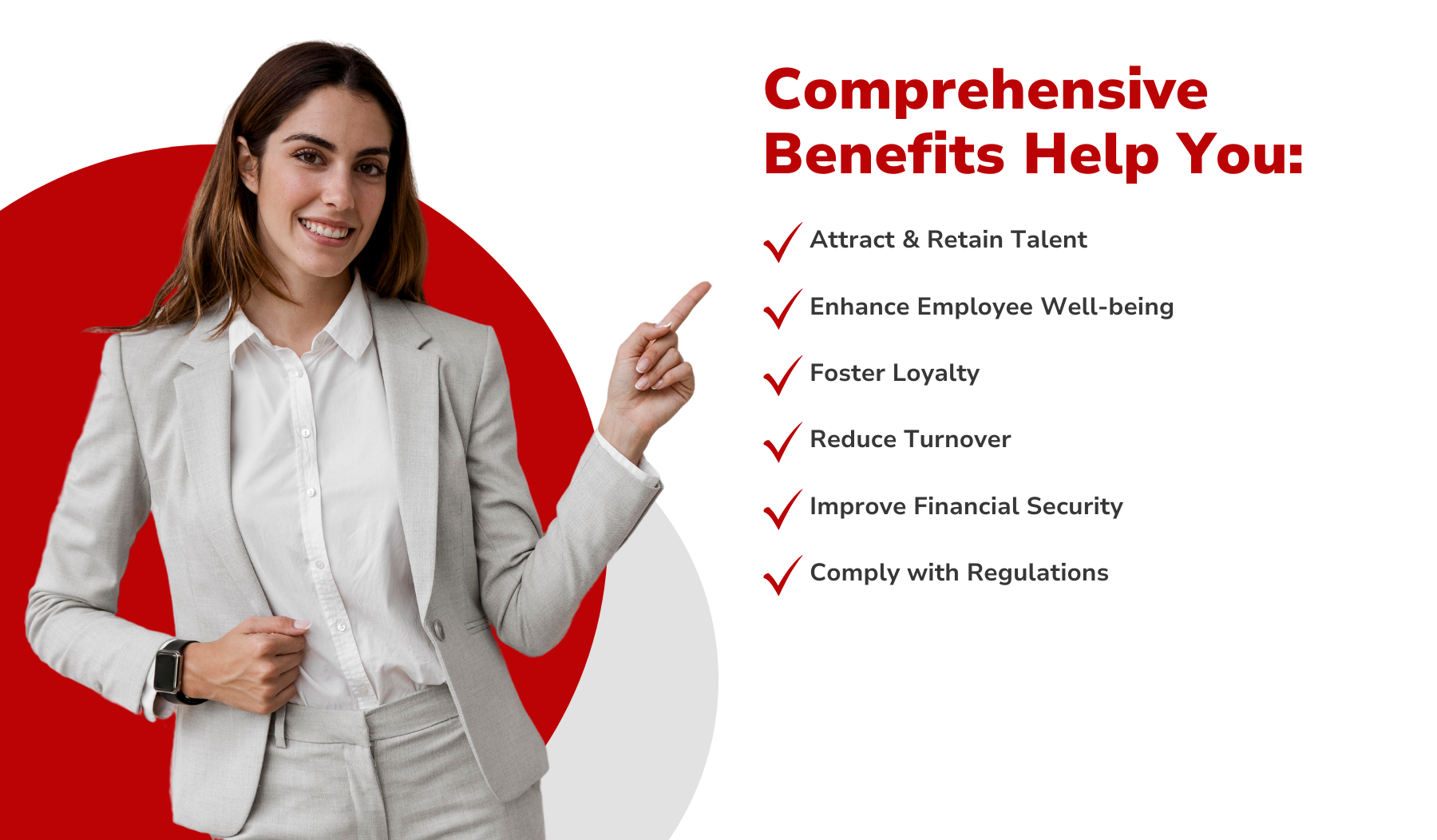 A woman in a suit is pointing at a list of benefits.
