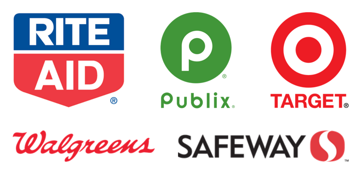The logos for rite aid , publix , target , walgreens and safeway are shown