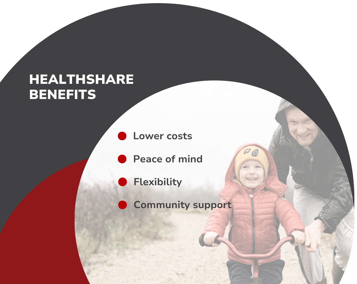 A picture of a child riding a bike with the words healthshare benefits on the bottom