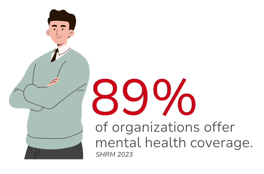 A man with his arms crossed is standing next to a sign that says `` 89% of organizations offer mental health coverage . ''