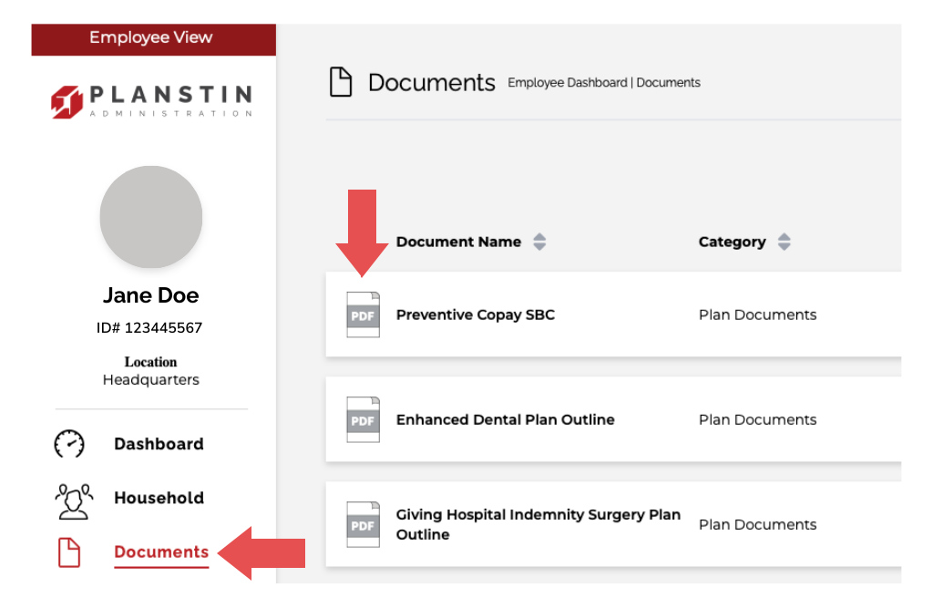 A screenshot of an employee view page with an arrow pointing to a document
