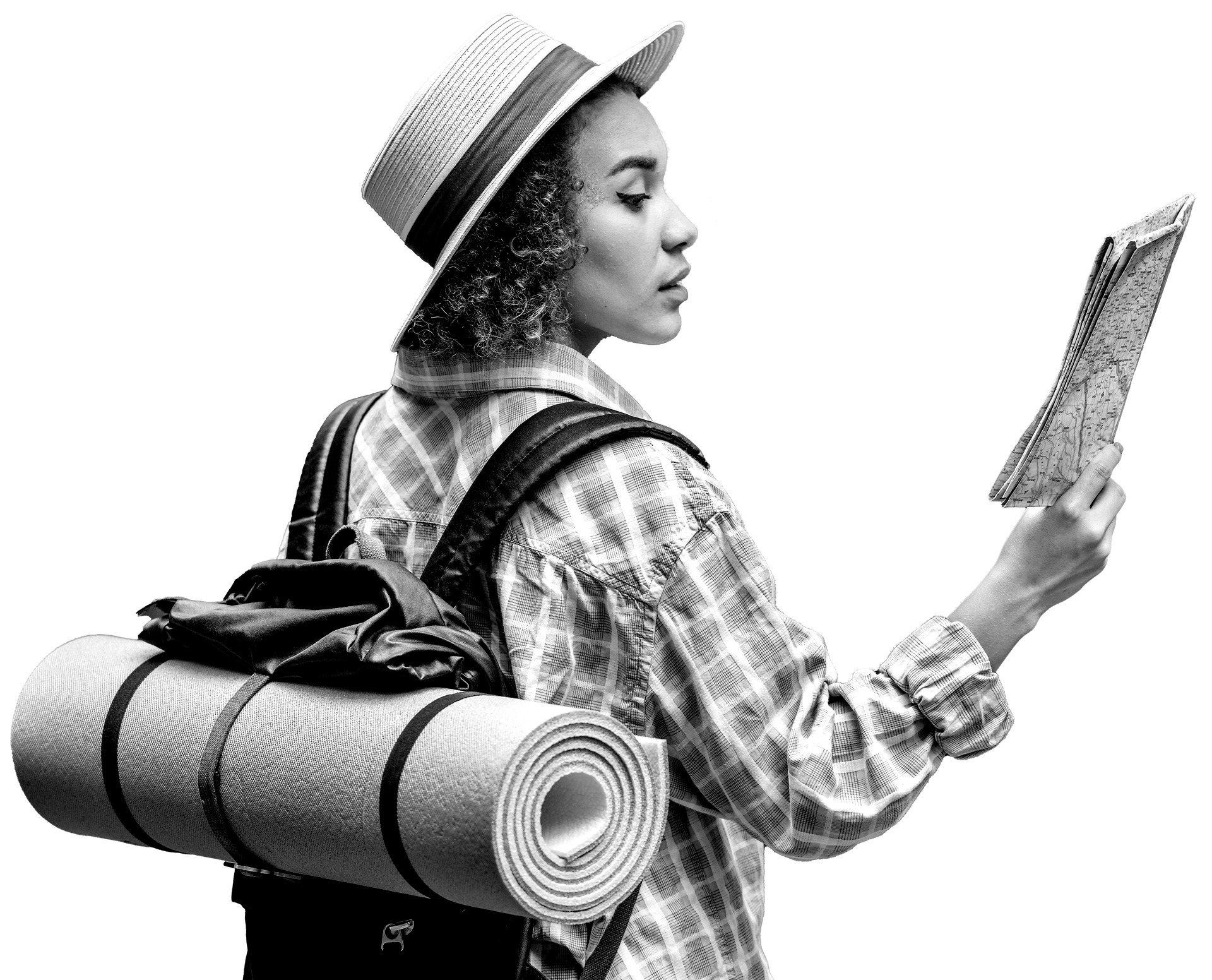 A woman with a backpack is looking at a map.