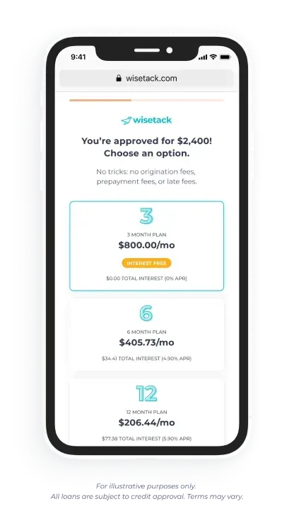 Mobile app showing a credit offer approved for about $24,400 with a highlighted loan option and other amounts listed below